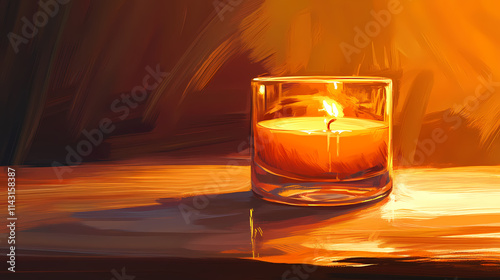 Softly glowing amber candle in a glass holder, soft light, peaceful ambiance. Amber. Illustration photo