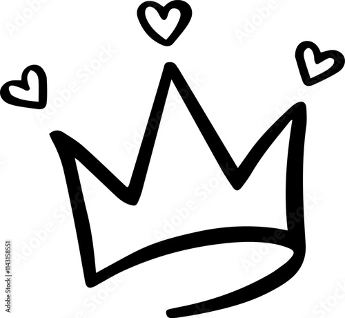 Simple, charming line art of a crown adorned with hearts, symbolizing love, royalty, and affection, perfect for design projects related to romance, celebrations, or leadership