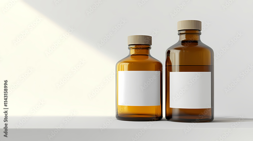 Two amber glass bottles with blank white labels stand on a white surface against a white backdrop. Amber. Illustration Two amber glass bottles with blank white labels stand on a white surface against a white backdrop. Amber. Illustration