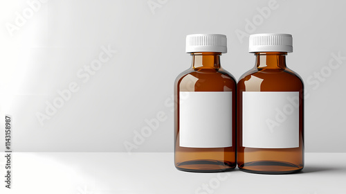 Two amber glass bottles with blank white labels stand on a white surface against a white backdrop. Amber. Illustration