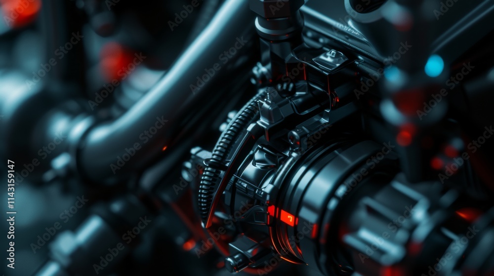 Close-up of futuristic mechanical components with glowing red accents, displaying precision engineering in a macro 3D-rendered format. AI generated. Close-up of futuristic mechanical components with glowing red accents, displaying precision engineering in a macro 3D-rendered format. AI generated.
