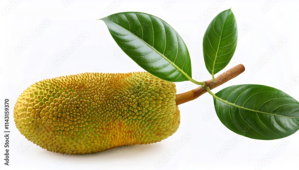 Ripe jackfruit with attached stem and vibrant green leaves, showcasing its freshness against a clean white backdrop Ripe jackfruit with attached stem and vibrant green leaves, showcasing its freshness against a clean white backdrop