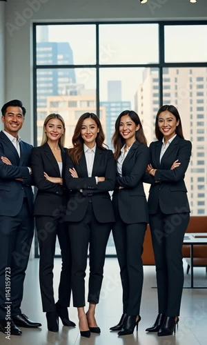 Successful business team smiling confidently in a modern office setting standing together as a symbol of teamwork and unity photo