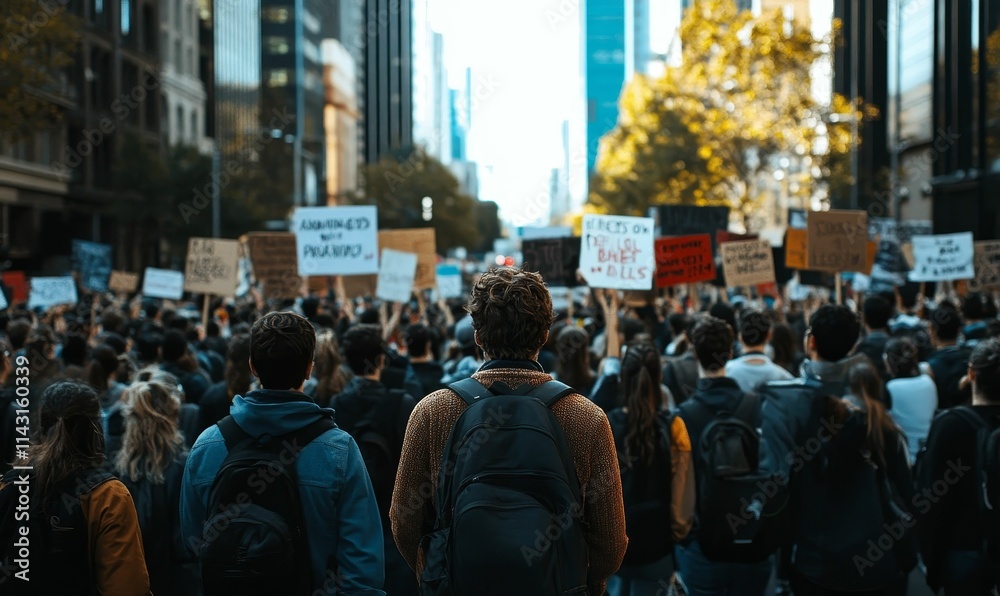 Large crowd protesting, holding signs, city backdrop. Large crowd protesting, holding signs, city backdrop.