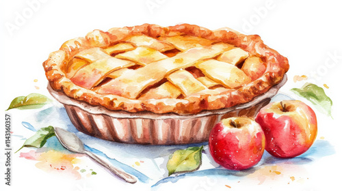 Delicious watercolor apple pie with fresh apples on white background