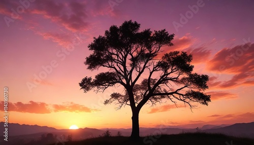 Tall tree silhouette against vibrant sunset sky, twilight, dramatic