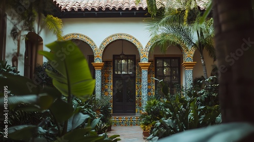 A classic Spanish-style villa in the Hollywood Hills with colorful tilework arched windows and a lush courtyard.