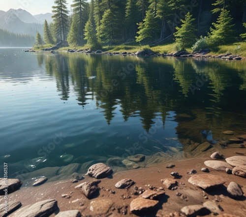 Sparkling water lapping against the shore of a lake, nature, ripples, sparkling photo