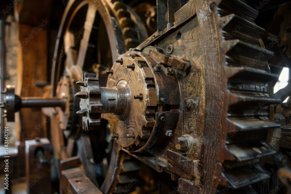 Closeup of old rusty cogs and gears turning in an abandoned mill