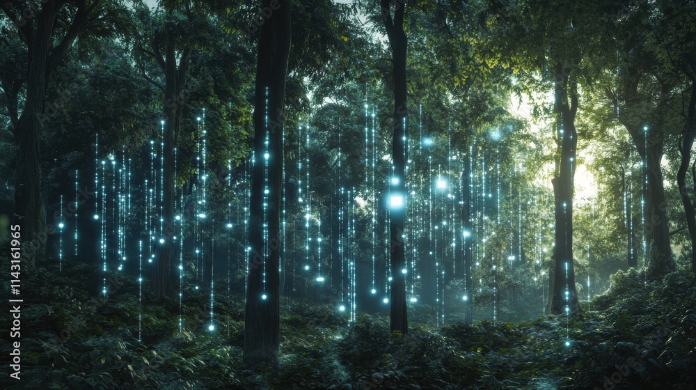 Obraz premium A dense, lush forest filled with AI-powered sensors attached to trees, monitoring biodiversity and environmental health. 
