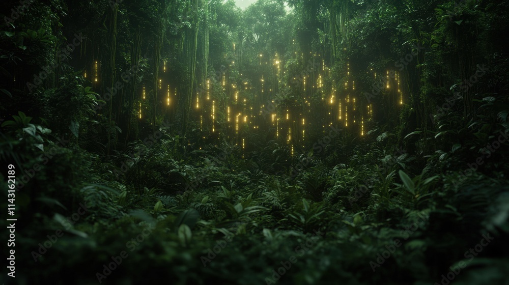 A dense, lush forest filled with AI-powered sensors attached to trees, monitoring biodiversity and environmental health. A dense, lush forest filled with AI-powered sensors attached to trees, monitoring biodiversity and environmental health.