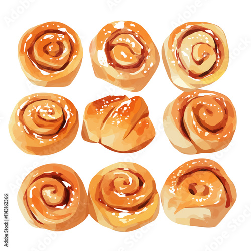 watercolor Christmas cinnamon buns painting collection isolated on a white background, vector flat watercolor design painting