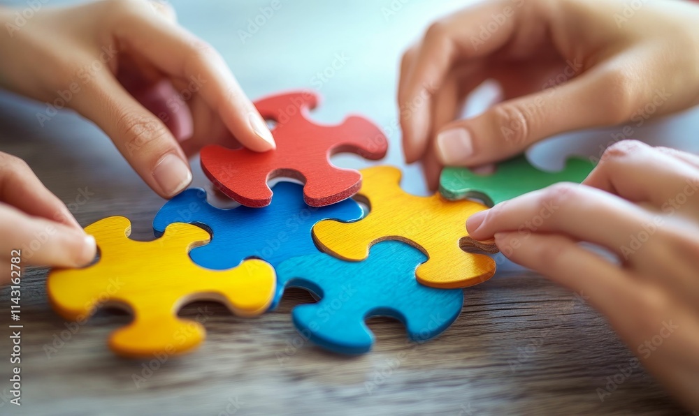 Colorful puzzle pieces assembled by hands. Colorful puzzle pieces assembled by hands.
