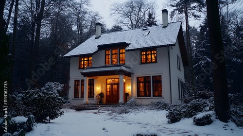 A cozy chalet villa with soft golden lighting glowing through the windows set in a snowy forest.