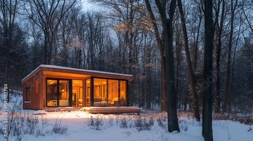 A cozy chalet villa with soft golden lighting glowing through the windows set in a snowy forest.
