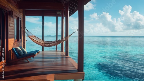 A cozy wooden ocean villa with a hammock strung between pillars floating peacefully in calm blue waters. photo