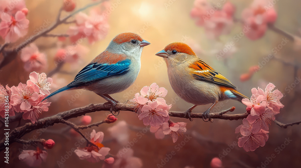 Vibrant Sparrows Amidst Cherry Blossoms on Branch in Tranquil Spring Setting Vibrant Sparrows Amidst Cherry Blossoms on Branch in Tranquil Spring Setting