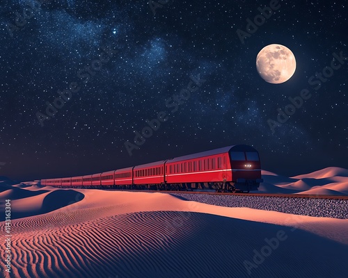 Red Train Journeys Across Desert Sands Under Starry Night photo