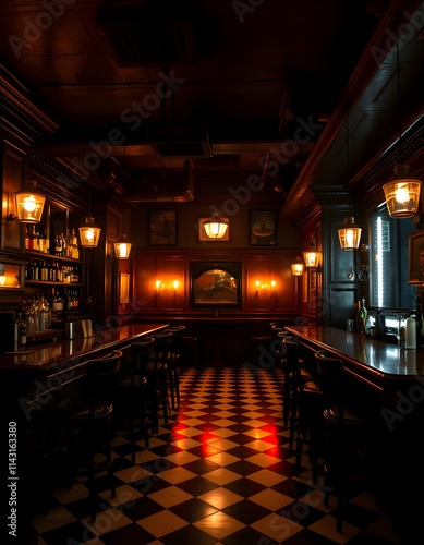 A dimly lit bar with a checkered floor, creating a cozy and nostalgic atmosphere, A 1920s Chicago speakeasy during prohibition, Backlit, with white tones