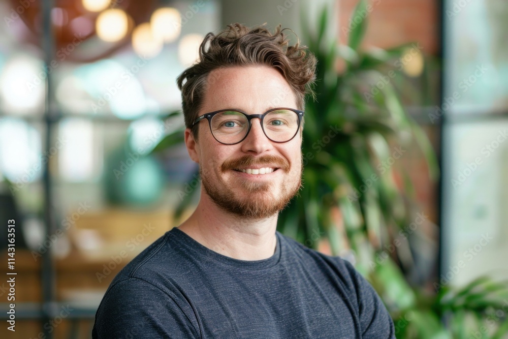 Young professional with glasses and a beard is smiling confidently in a modern office environment Young professional with glasses and a beard is smiling confidently in a modern office environment