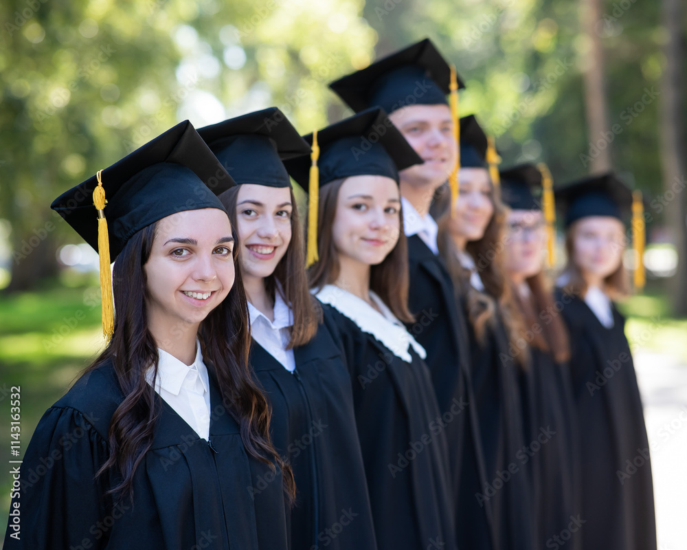 Row of happy young people in graduation gowns outdoors. Students in the park. Row of happy young people in graduation gowns outdoors. Students in the park.