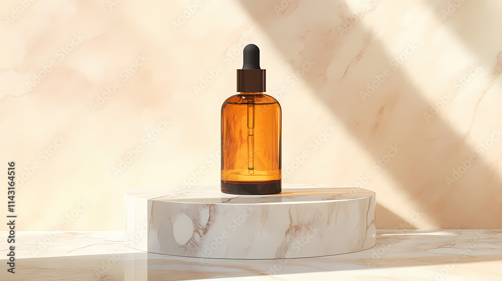 Elegant amber glass dropper bottle displayed on a marble pedestal, showcasing beauty and skincare products. Amber. Illustration Elegant amber glass dropper bottle displayed on a marble pedestal, showcasing beauty and skincare products. Amber. Illustration
