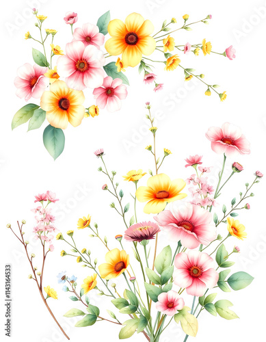 watercolor arrangements with garden flowers. bouquets with pink, yellow wildflowers, leaves, branches. Botanic illustration isolated on white background