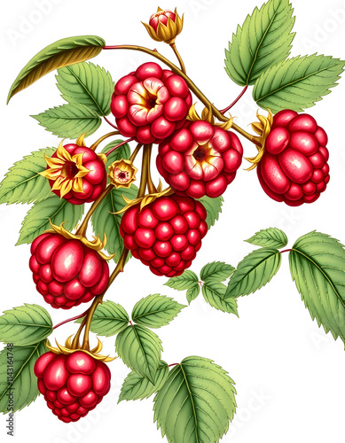 Raspberry branch botanical vintage illustration clip art isolated on white background, collage style