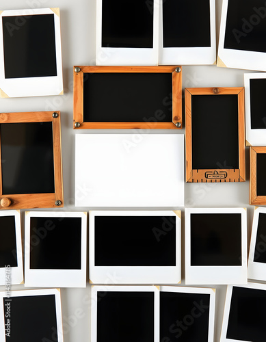 collection of vintage polaroid photo frames on transparent background, 8k, with white tones