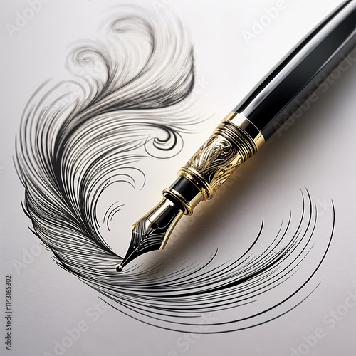 Elegant Black Ink Pen with Artistic Swirling Ink Lines photo