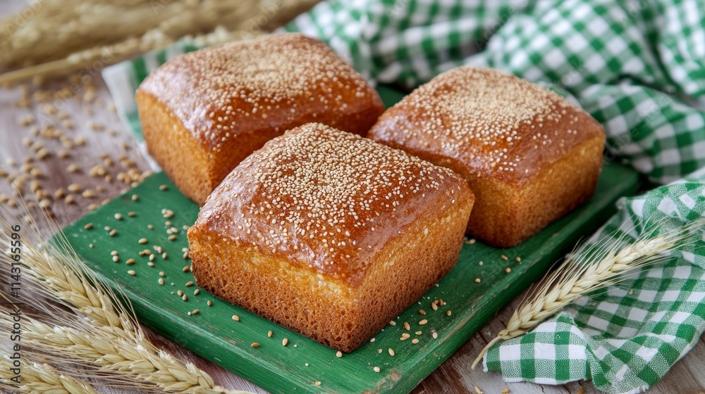 Freshly baked golden wheat bread loaves topped with sesame seeds, set on a green board, surrounded by wheat stalks and a checkered cloth in rustic kitchen style.