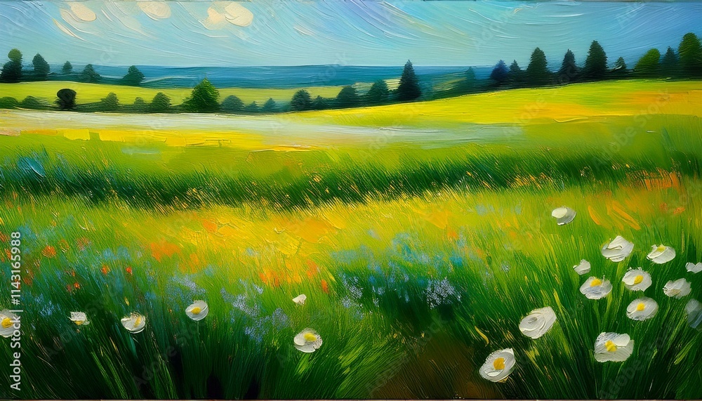 Fototapeta premium Nostalgic countryside natural landscape painting (spring)