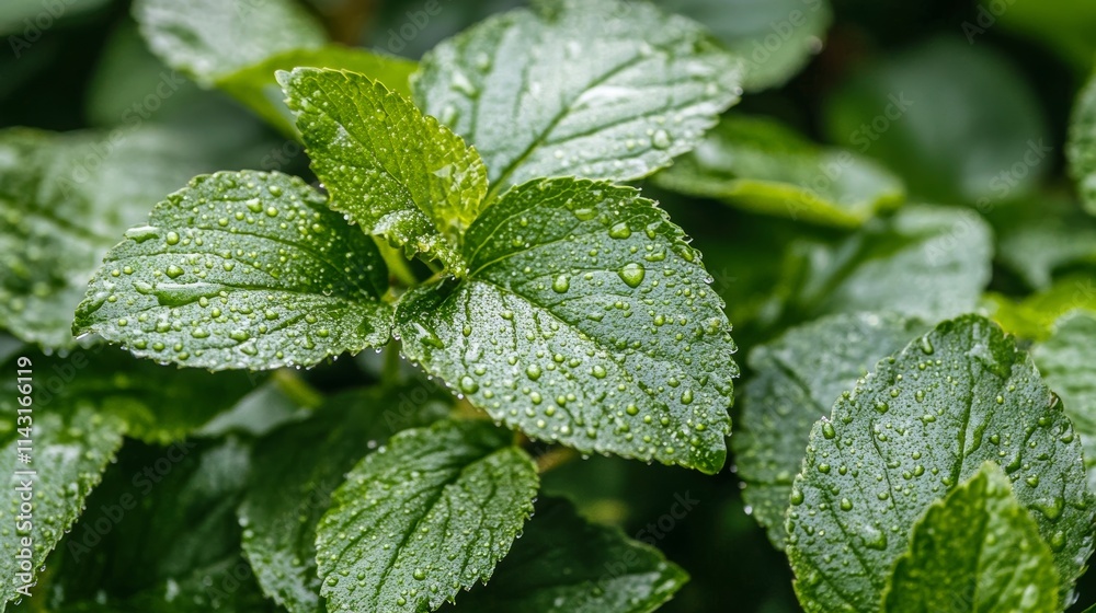 A captivating close-up photograph captures fresh green mint leaves adorned with glistening water droplets, highlighting their natural beauty and freshness. A captivating close-up photograph captures fresh green mint leaves adorned with glistening water droplets, highlighting their natural beauty and freshness.