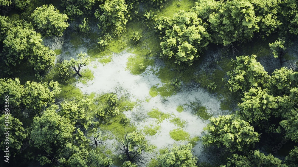 Aerial view of lush green forest with patches of light and shadows. Aerial view of lush green forest with patches of light and shadows.