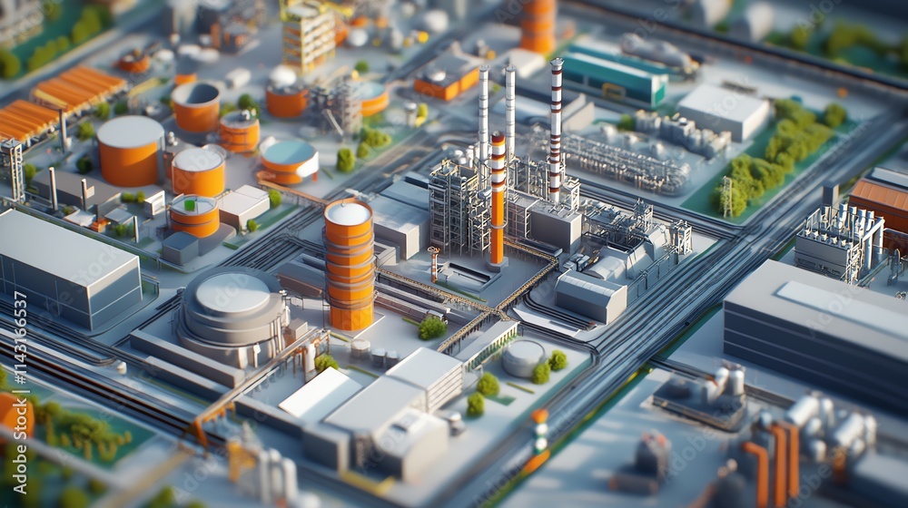 Aerial view of a modern industrial complex with storage tanks and tall smokestacks. Aerial view of a modern industrial complex with storage tanks and tall smokestacks.