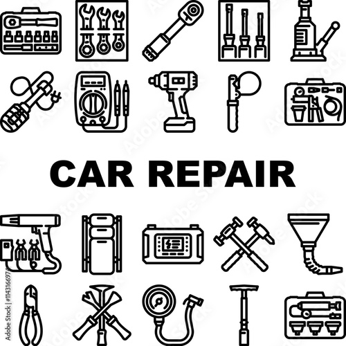 car repair tools icons set vector. wrench socket, ratchet pliers, jack, lift screwdriver, multimeter, compressor torque car repair tools black contour illustrations