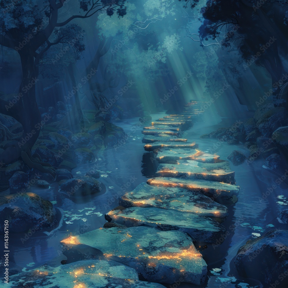 Obraz premium Enchanting pathway winds through a misty mystical forest leading the viewer on a journey of imagination and discovery The ethereal fairytale like landscape captivates with its serene ambiance