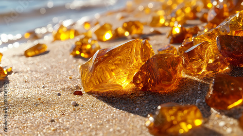 Amber pieces scattered on the sandy beach of the baltic sea , amber, beach, baltic sea, coast, shore, summer, vacation. Amber. Illustration