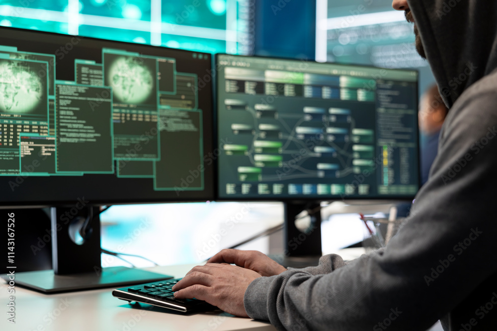 Cyber intelligence team of experts in a governmental hacking room, implementing ways to protect national secrets. Digital security, cyber surveillance and prevention of cyberterrorism. Cyber intelligence team of experts in a governmental hacking room, implementing ways to protect national secrets. Digital security, cyber surveillance and prevention of cyberterrorism.