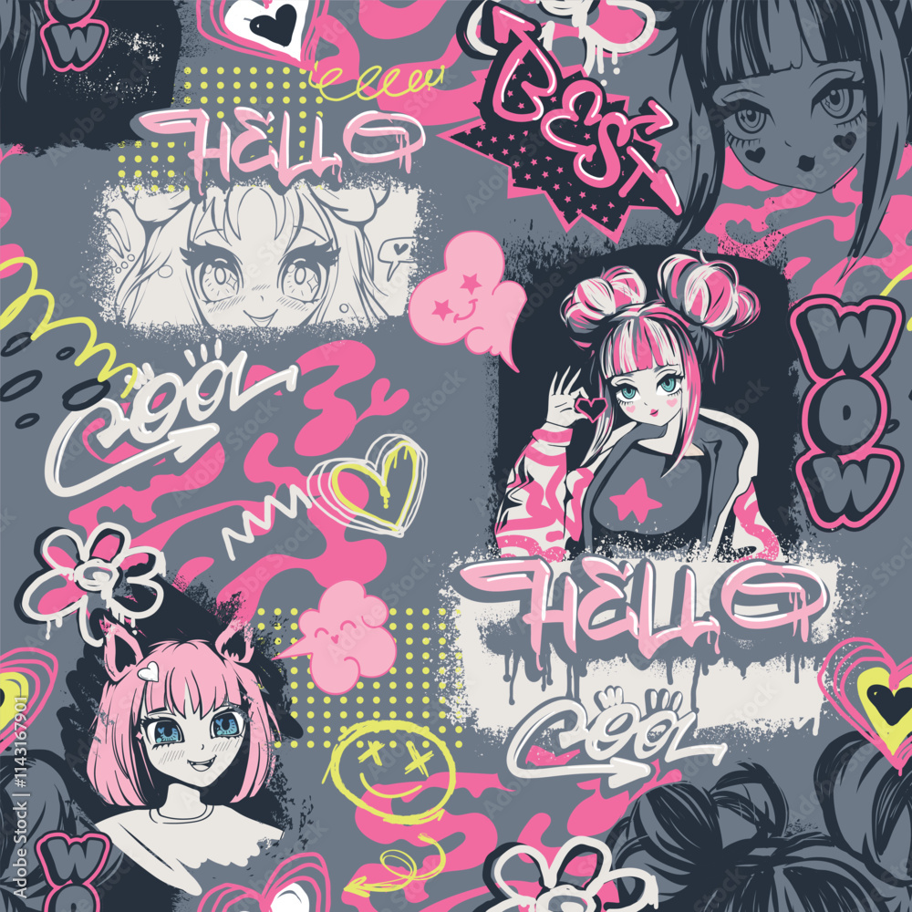 Anime girl seamless pattern with street art style wording, headphones with cat ears, comic boards, hearts, flowers, graffiti words Cool, hello, wow. Grey and pink girlish comics repeat print. 