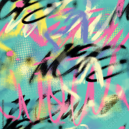 Abstract graffiti art background with scribble throw-up and tagging hand-drawn style. Street art graffiti urban theme for prints, patterns, banners, and textiles in vector format.