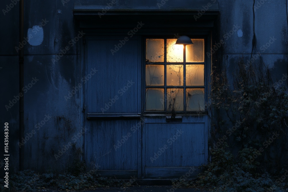 A Mysterious Door Illuminated at Night, Showcasing Soft Glow from Lantern in a Quiet Outdoor Setting Surrounded by Weathered Walls and Overgrown Vegetation A Mysterious Door Illuminated at Night, Showcasing Soft Glow from Lantern in a Quiet Outdoor Setting Surrounded by Weathered Walls and Overgrown Vegetation