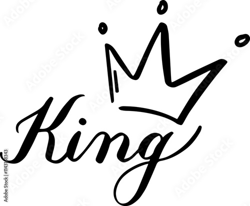 Stylish black and white vector graphic featuring the word king with elegant calligraphy and a simple crown, conveying royalty, power, and leadership