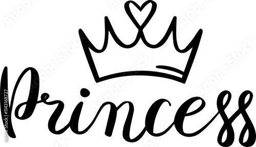Stylish black and white princess calligraphy with a simple crown and heart shaped gem is perfect for nursery room decorations, baby shower invitations, clothing prints, and birthday cards