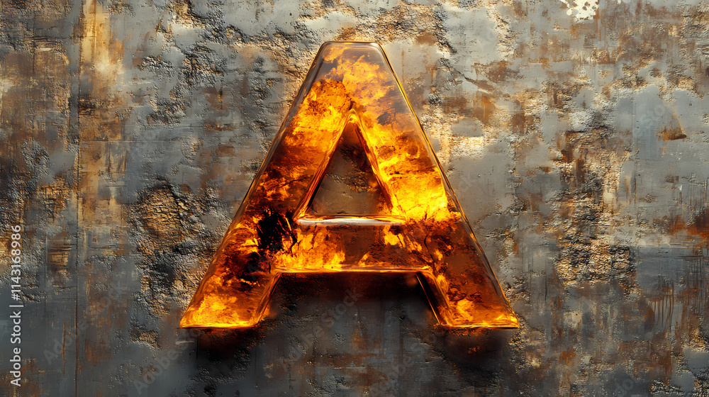 A 3d glass letter a, with a textured amber effect, on a grunge metal background. Amber. Illustration A 3d glass letter a, with a textured amber effect, on a grunge metal background. Amber. Illustration