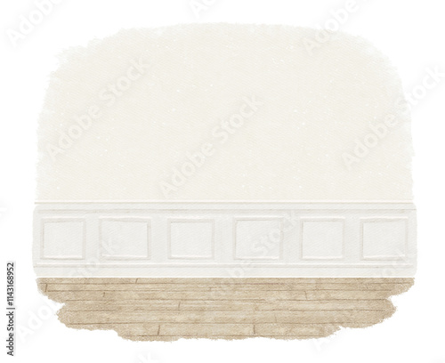 Watercolor vintage cozy empty room in beige tones with light monochromatic wall, white panels and wooden floor isolated on white background. Hand drawn illustration sketch