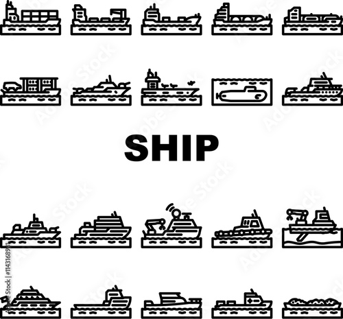 ship transport marine icons set vector. vessel cargo, cruise maritime, fleet navigation, anchor deck, hull, port, starboard ship transport marine black contour illustrations