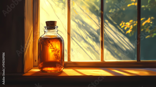 A honey-colored glass bottle on a windowsill, with the sunlight casting warm, amber reflections in the room. Amber. Illustration photo