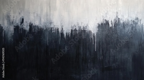 An abstract painting featuring a gradient of black and white with dripping textures, evoking a sense of depth and emotion.