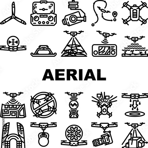 unmanned aerial vehicle drone uav icons set vector. quadcopter surveillance, reconnaissance mapping, delivery photography, videography unmanned aerial vehicle drone uav black contour illustrations